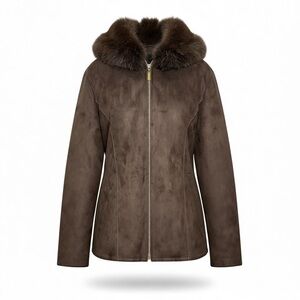 Marvin Richards Hooded Faux Suede Jacket with Real Fur Trim in Brown Size Large